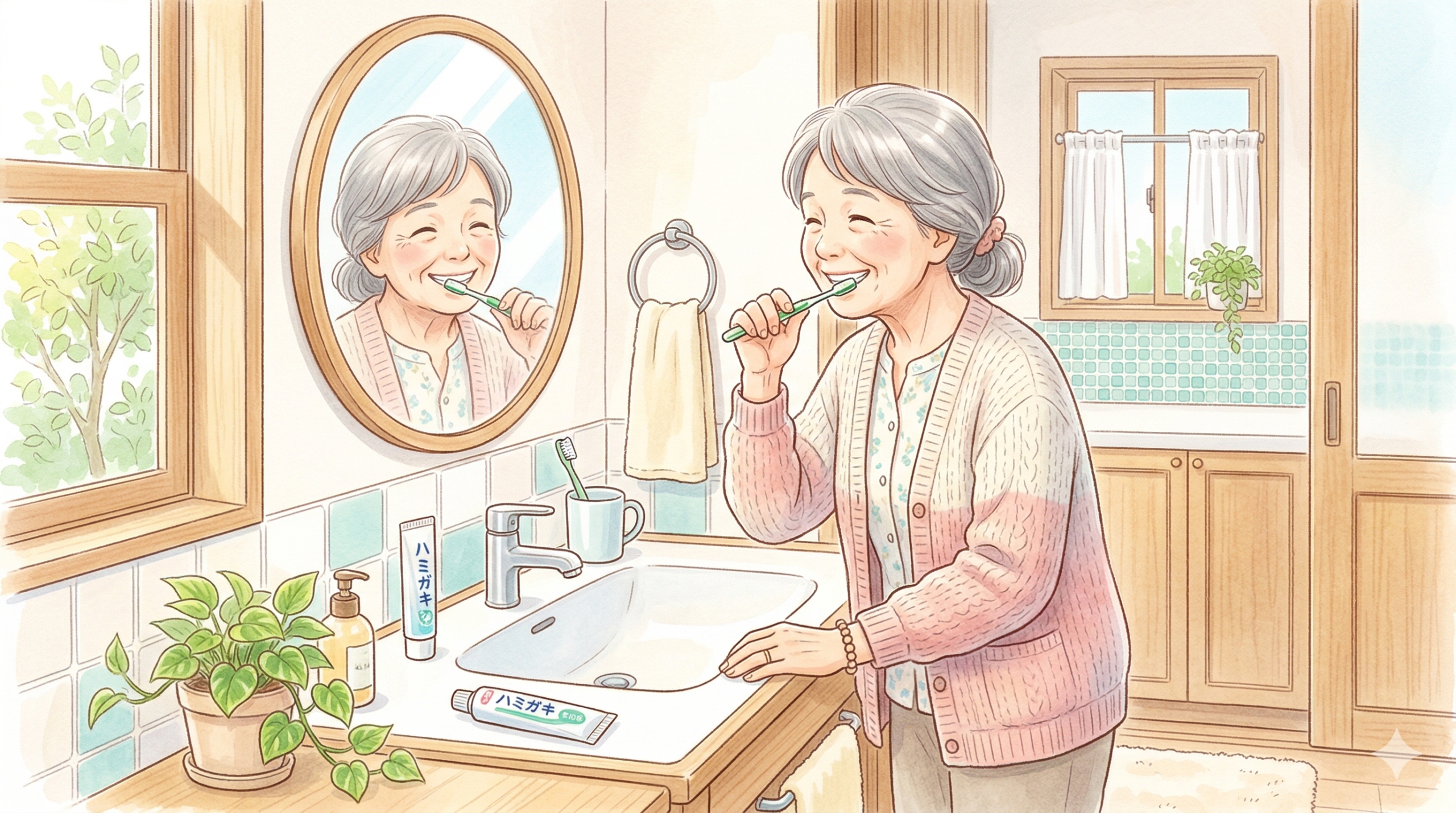 高齢者が洗面台で丁寧に歯磨きをしているイラスト